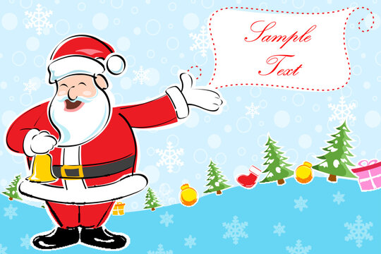 illustration of cheerful christmas card with santa and gifts