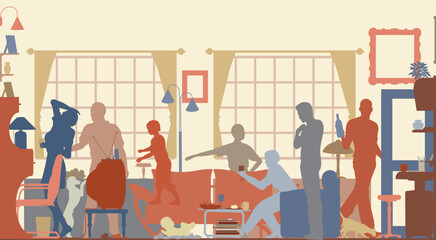 Editable vector silhouettes of a family gathering in a living room