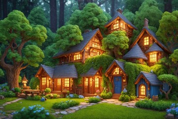 Obraz na płótnie Canvas 3D Blender Render of a Tiny and Cute Isometric Cottage with Intricate Details and Soft Colors, Surrounded by Trees and Flowers in a Fantasy Woodland, Fantasy Art by Generative AI 40