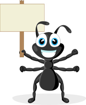 vector illustration of a cute little black ant with wood sign. No gradient.