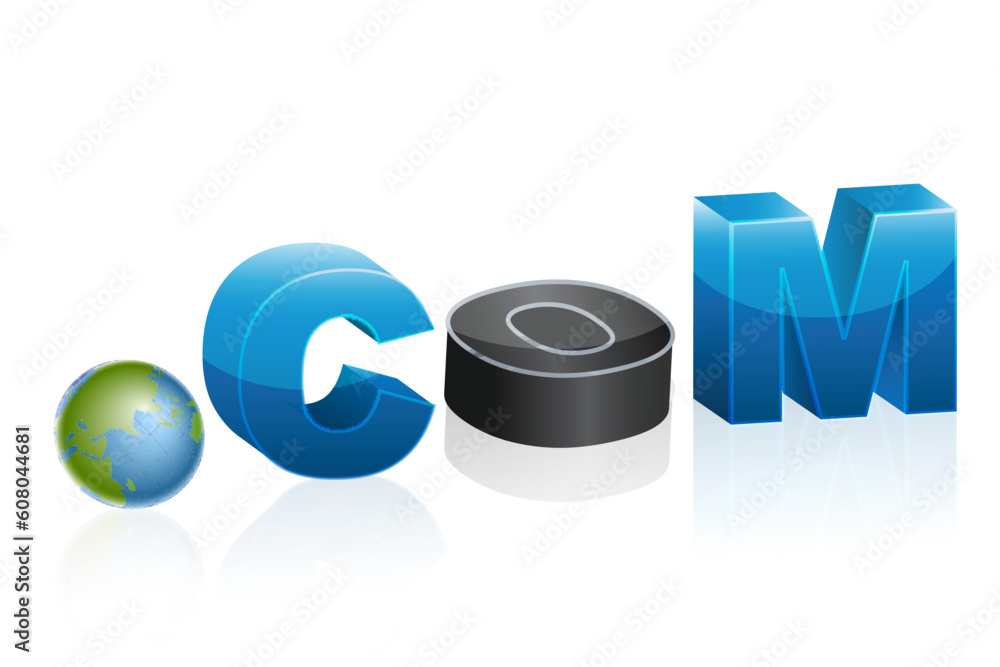 Poster illustration of dot com icon with globe on white background