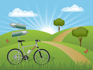 Summer landscape with a bike. Vector illustration.