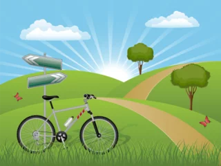 Keuken spatwand met foto Summer landscape with a bike. Vector illustration. © Designpics