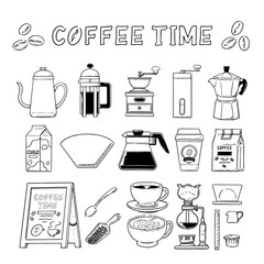 モノクロ　手描きのコーヒー器具のイラストセット