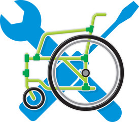 Generic wheelchair icon over screwdriver and wrench