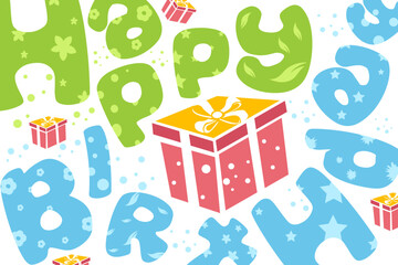 illustration of happy birthday card with present on white background