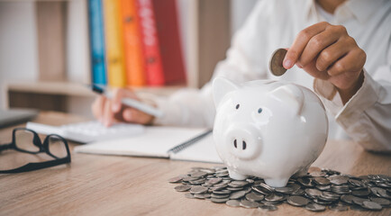 Obraz na płótnie Canvas Hand holding coin with pig piggy bank. Saving and financial accounts concept