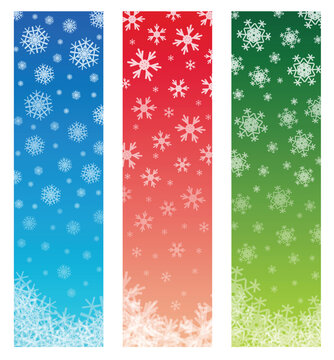 christmas banners with fading snowflakes, 3 colors. standard size as vertical banner size (skycraper) 160 x 600. EPS 10 version, transparency is used.