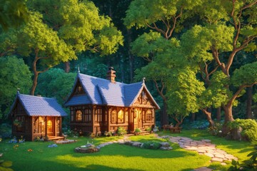 Fototapeta na wymiar 3D Blender Render of a Tiny and Cute Isometric Cottage with a Thatched Roof and a Chimney, Nestled in a Lush and Mystical Forest with Soft Colors and Lighting, Fantasy Art by Generative AI 31