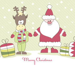Christmas card with Santa, Reindeer and colorful gift boxes. Vector illustration