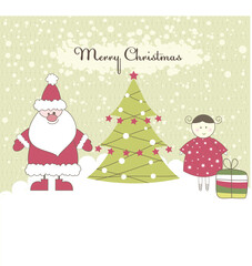 Christmas card with Santa, girl and gift boxes. Vector illustration