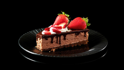Strawberry slice chocolate cake plate on black background. Generative AI
