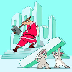 Santa Claus and rabbits are building the number of a new year.
