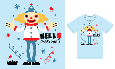 Cute clown illustration with tshirt design premium vector