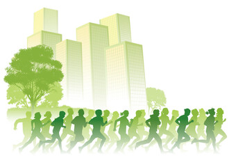 Crowd of young people running on a street. Sport vector illustration.