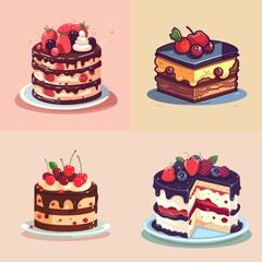 set of colorful sweet birthday cakes decorated with chocolate cream and fruits