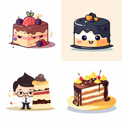 cake, set of colorful sweet birthday cakes decorated with chocolate cream and fruits