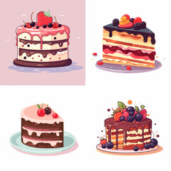 set of cakes, set of colorful sweet birthday cakes decorated with chocolate cream and fruits