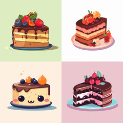 set of cakes, set of colorful sweet birthday cakes decorated with chocolate cream and fruits