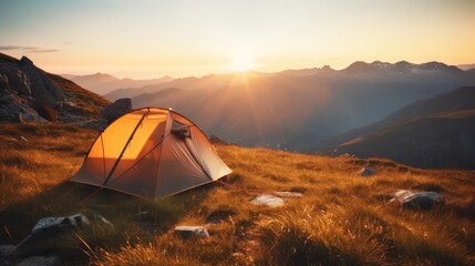Camping in the mountains at sunrise. The tent stands on the grass, Generative AI