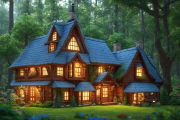 Obraz na płótnie Canvas A Charming and Quaint Cottage in the Fantasy Forest: A 3D Blender Render of a Tiny and Cute Isometric House with Intricate Decorations and Soft Colors, Fantasy Art by Generative AI 9