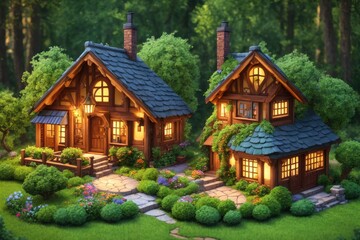 Obraz na płótnie Canvas A Charming and Quaint Cottage in the Fantasy Forest: A 3D Blender Render of a Tiny and Cute Isometric House with Intricate Decorations and Soft Colors, Fantasy Art by Generative AI 5