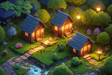 Obraz na płótnie Canvas A Charming and Quaint Cottage in the Fantasy Forest: A 3D Blender Render of a Tiny and Cute Isometric House with Intricate Decorations and Soft Colors, Fantasy Art by Generative AI 2