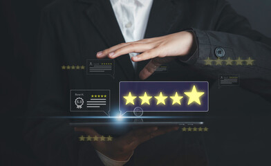 Satisfaction feedback survey concept. Customer user tablet review evaluation feedback and positive...