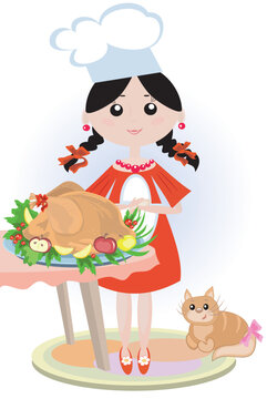 Girl cook with turkey