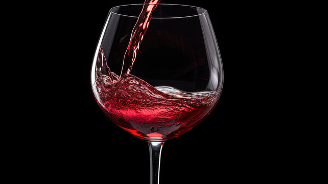 Red wine is poured into a wine glass on a black background. Generative AI