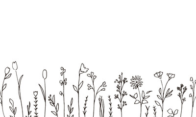 線画。手書きのベクター草木イラスト。夏の草木デコレーションフレーム。Line drawing. Hand drawn vector grass and trees illustration. Summer grass and trees decoration frame.