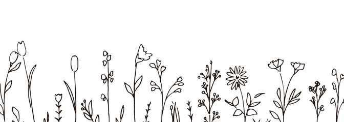 線画。手書きのベクター草木イラスト。夏の草木デコレーションフレーム。Line drawing. Hand drawn vector grass and trees illustration. Summer grass and trees decoration frame.