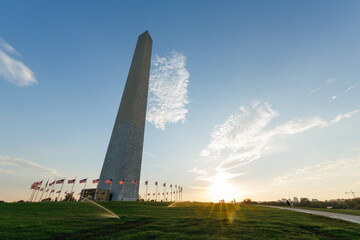 Washington Monument DC Sunset Wide Shot Sprinklers
