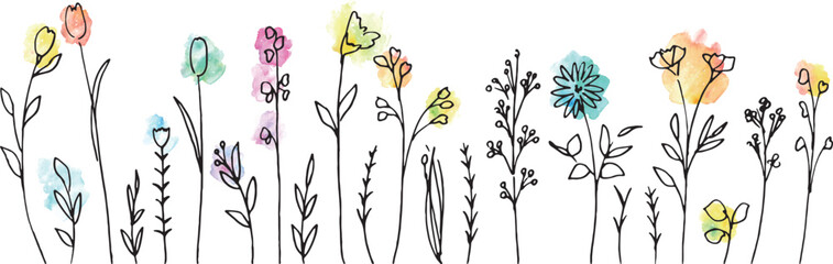 線画。手書きのベクター草木イラスト。夏の草木デコレーションフレーム。Line drawing. Hand drawn vector grass and trees illustration. Summer grass and trees decoration frame.