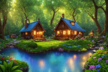 Fototapeta na wymiar 3D Blender Render of a Tiny and Cute Isometric Cottage with a Stone Path and a Fence, Hidden in a Magical and Peaceful Forest with Soft Smooth Lighting and Soft Colors, Fantasy Art by Generative AI 22