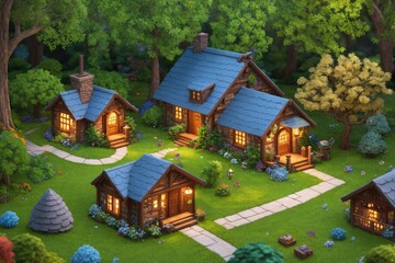 Fototapeta na wymiar 3D Blender Render of a Tiny and Cute Isometric Cottage with a Stone Path and a Fence, Hidden in a Magical and Peaceful Forest with Soft Smooth Lighting and Soft Colors, Fantasy Art by Generative AI 20