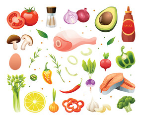 Fresh meats, vegetables and herbs illustration set. Healthy food ingredients vector cartoon