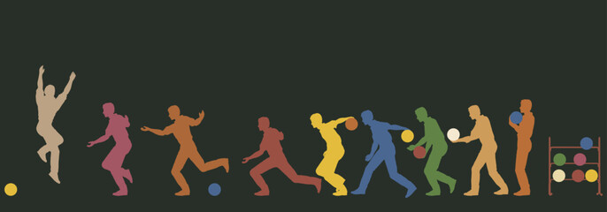 Colorful editable vector silhouette sequence of a man bowling