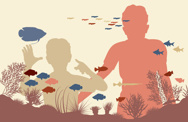 Editable vector illustration of mother and son looking at fish in an aquarium