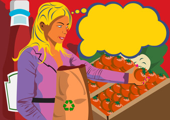 Vector illustration of a young women at the shop holding a tomato and with a bottle of ketchup in background of the image