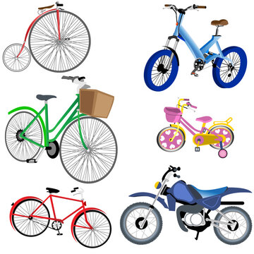 Vector illustration of different bikes and a motorbike isolated on white background.