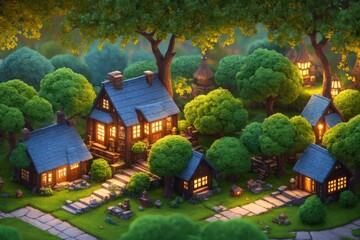 Obraz na płótnie Canvas A Lovely and Welcoming Cottage in the Enchanted Woods: A 3D Blender Render of a Tiny and Cute Isometric House with Soft Colors and Lighting, Fantasy Art by Generative AI 39