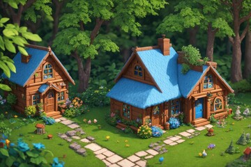 Obraz na płótnie Canvas A Lovely and Welcoming Cottage in the Enchanted Woods: A 3D Blender Render of a Tiny and Cute Isometric House with Soft Colors and Lighting, Fantasy Art by Generative AI 32