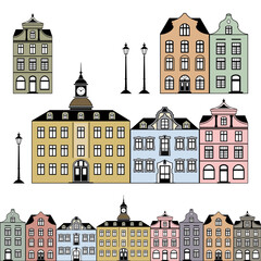 Old and historic houses in different colours, isolated on white background, objects are individually grouped and can be rearranged to change the look or color. Vector graphic includes a high resolutio