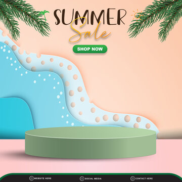 summer sale template banner for social media post with 3d podium for product sale and abstract gradient pink and blue background design