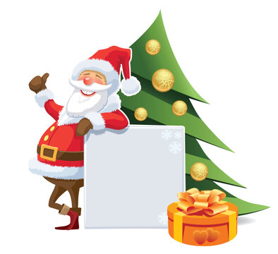 Santa Claus advertising with blank poster and christmas tree