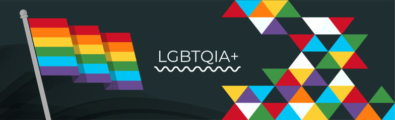 LGBTQ flag banner with modern triangles abstract background design. Rainbow flag colored LGBT rights awareness campaign. Pride day parade. Lesbians, gays, bisexuals, transgenders, queer love. Vector