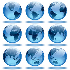 Set of nine globes showing earth with all continents.