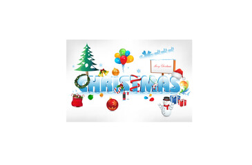 illustration of christmas text on snowy background with balloons and other elements