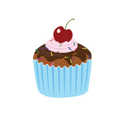 Cupcake with cherry vector in cartoon style. Birthday item in doodle style. Hand drawing cake icon for party concept.